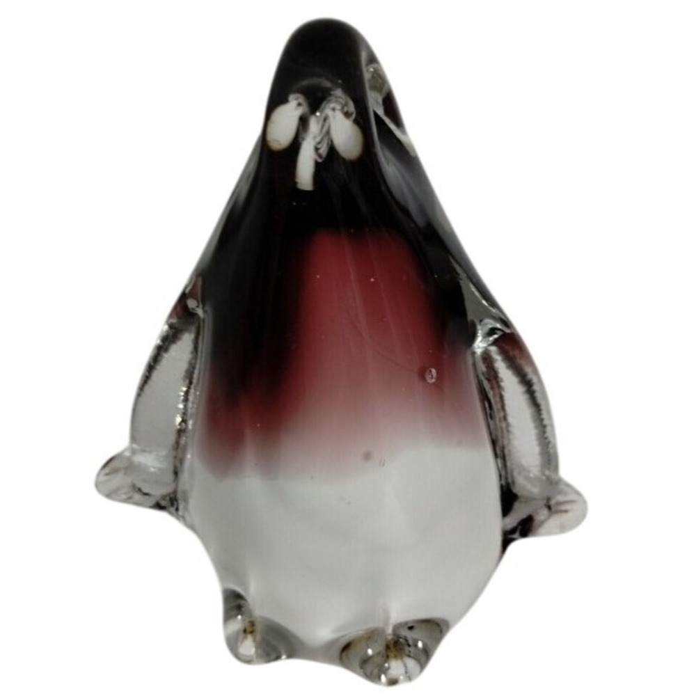 Art Glass Penguin Figurine‎ Paperweight Decor Accent Black burgundy White